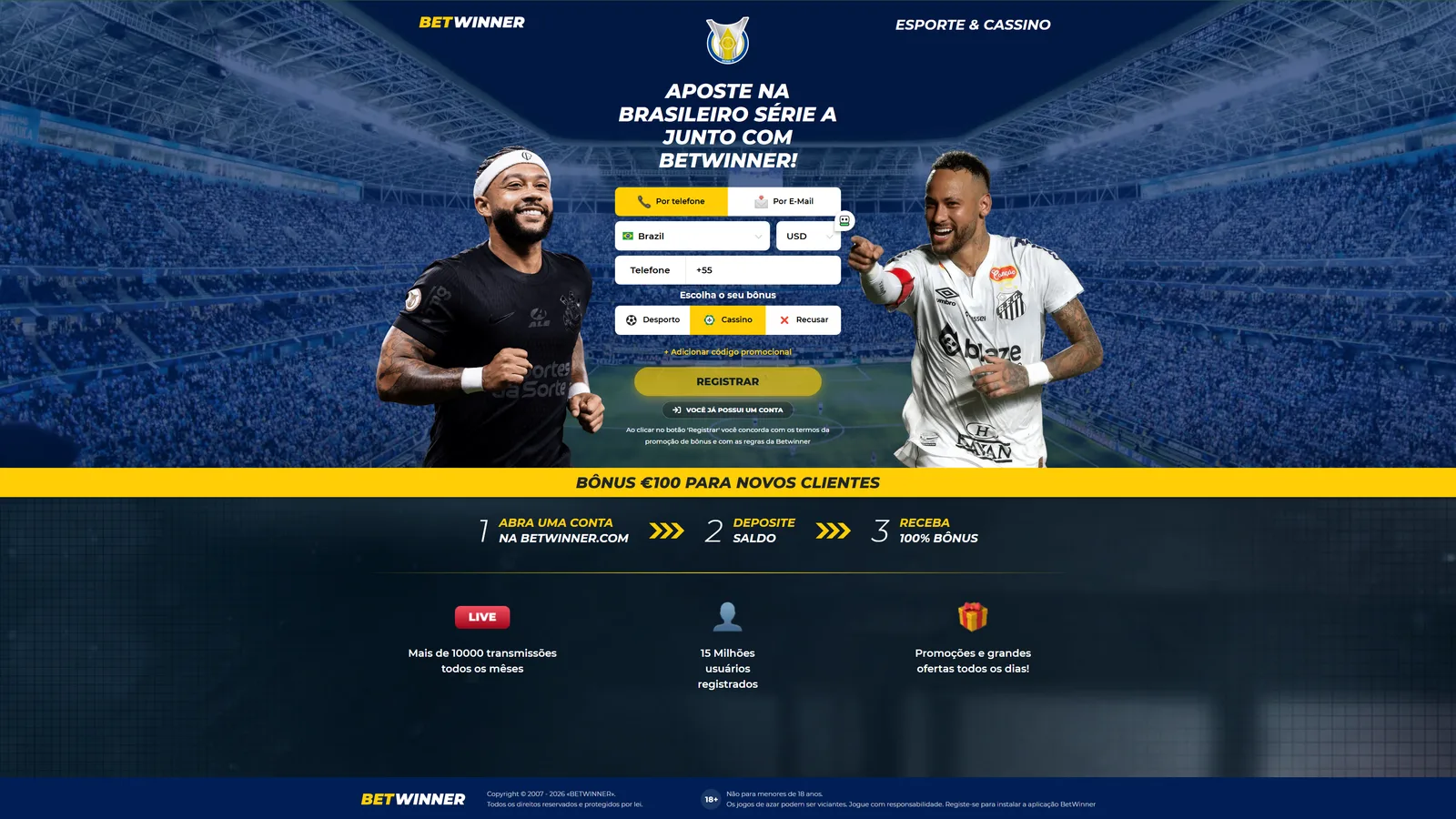 BetWinner: casa de aposta chinesa com BRL nativo e 60+ criptomoedas BetWinner página de cadastro Brasileirão Série A com Memphis Depay e Neymar — casa de aposta chinesa com 60+ criptomoedas e BRL nativo.