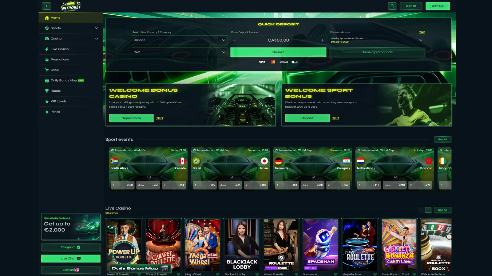 NitroBet: casa de aposta chinesa cripto-nativa com 9.000 jogos de cassino NitroBet página inicial com painel QUICK DEPOSIT, Welcome Bonus Cassino 100% até €600 e Welcome Sport Bonus 100% até €200 — casa de aposta chinesa cripto-nativa.