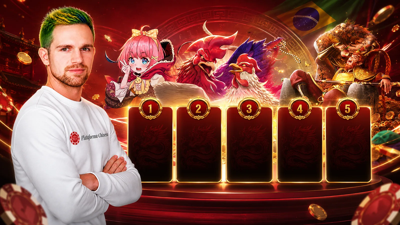 Os 10 principais sites de apostas chinesas no Brasil Avatar da Plataforma Chinesa ao lado de cartões de ranking para os 10 sites de apostas chinesas no Brasil, com personagens de jogos, moedas e bandeira do Brasil ao fundo.