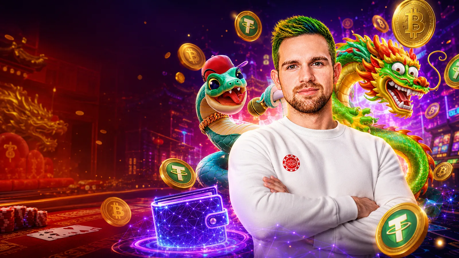 Casa de aposta chinesa com criptomoedas Avatar da Plataforma Chinesa em ambiente de cassino chinês futurista com moedas Bitcoin, USDT, carteira digital, dragão e cobra da fortuna.