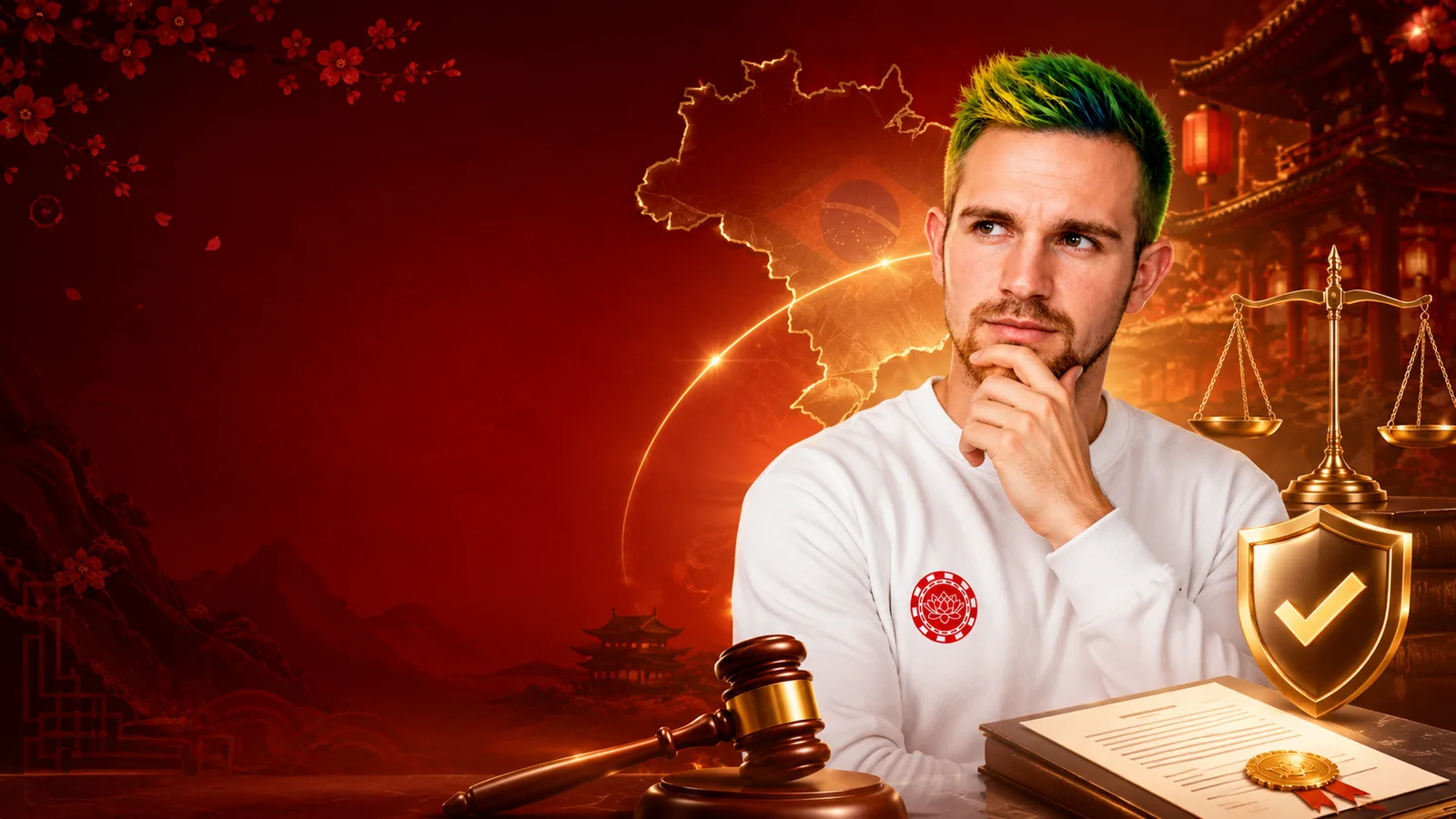 Casa de aposta chinesa é legal no Brasil? Avatar da Plataforma Chinesa pensativo diante de símbolos jurídicos, mapa do Brasil, balança da justiça, martelo e escudo de aprovação.