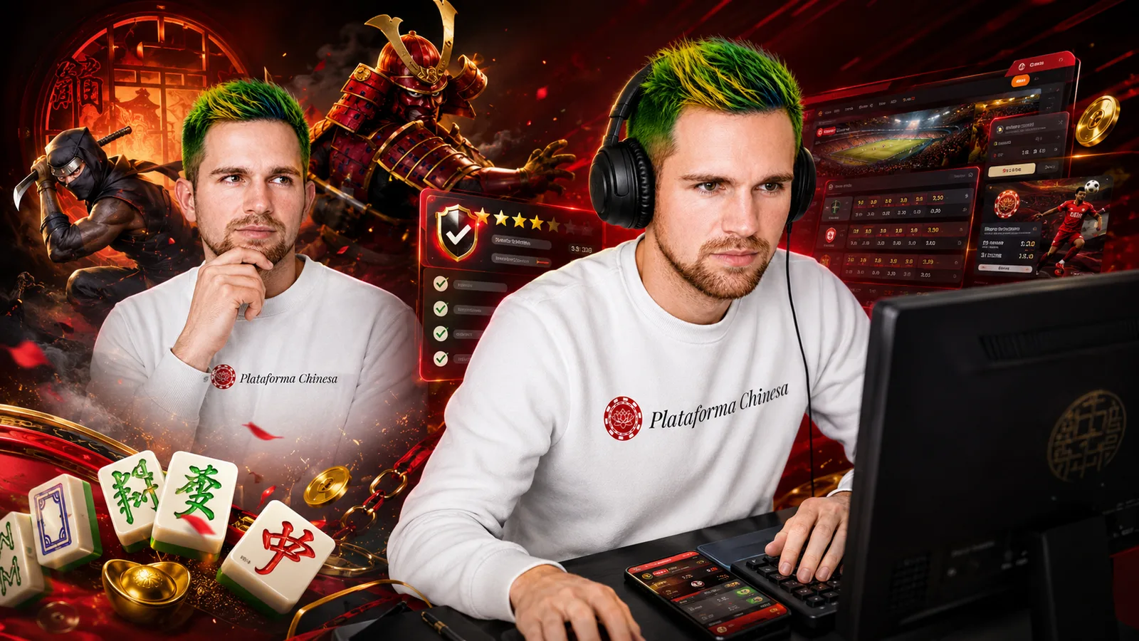 Como testamos cada plataforma chinesa bet Avatar da Plataforma Chinesa testando plataformas de apostas em um computador com interface de odds, checklist, estrelas de avaliação e símbolos de jogos asiáticos.