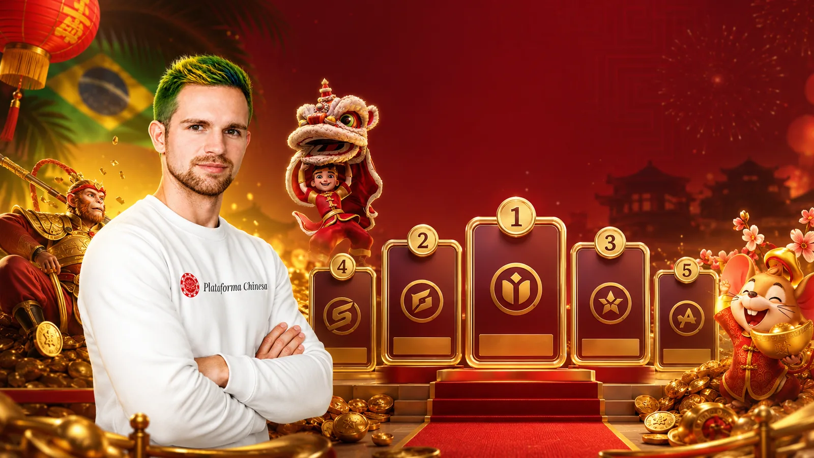 Lista das melhores plataformas de aposta chinesa em 2026 Avatar da Plataforma Chinesa ao lado de um ranking top 5 de plataformas de apostas chinesas com mascotes festivos, moedas e decoração chinesa.