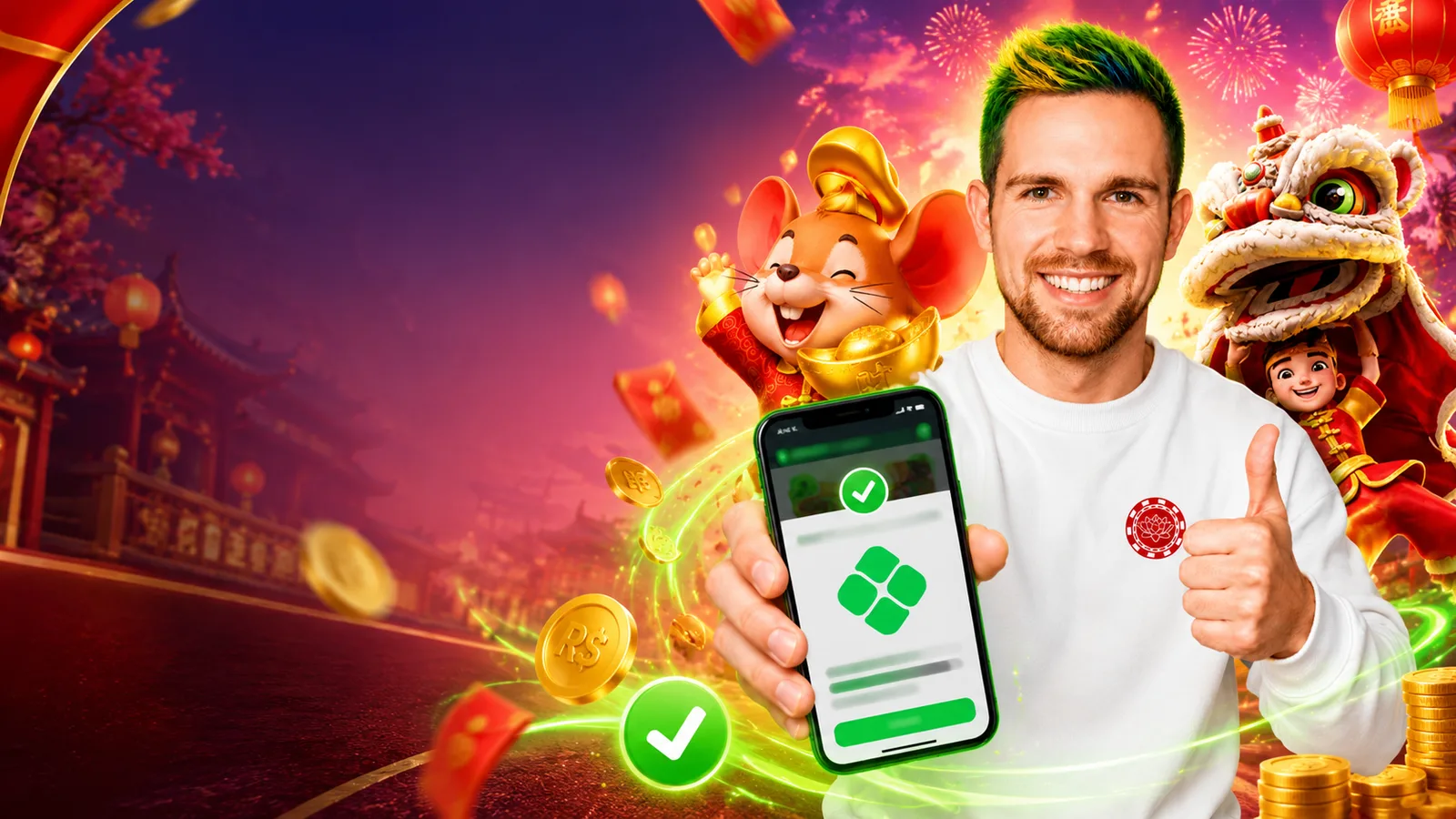 Plataforma chinesa bet com Pix: quais aceitam Avatar da Plataforma Chinesa segurando celular com confirmação de pagamento Pix, moedas em reais e mascotes festivos chineses ao fundo.