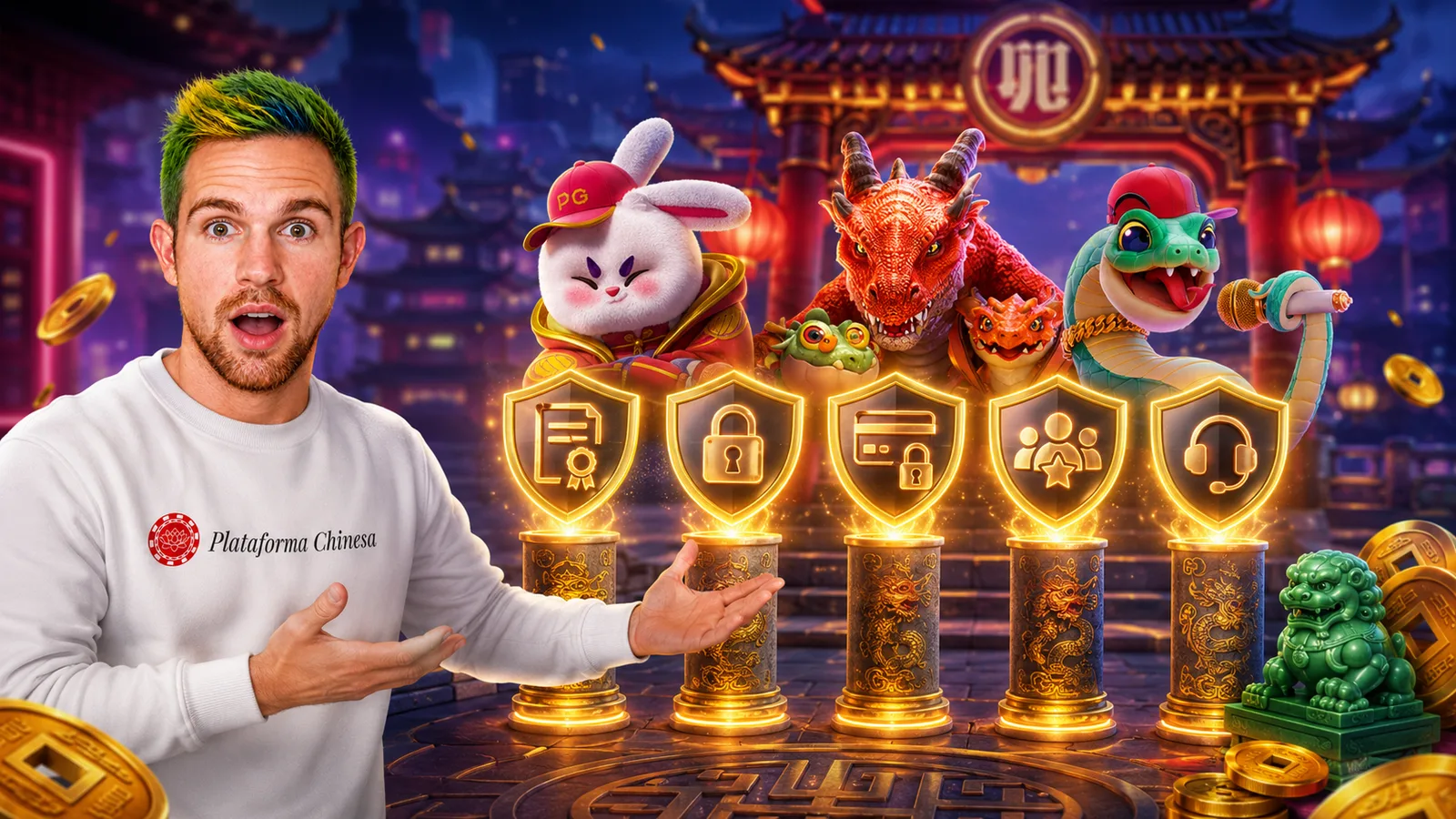 Plataforma chinesa confiável: os 5 pilares de segurança Avatar da Plataforma Chinesa apresentando cinco escudos dourados de segurança com ícones de licença, cadeado, pagamento seguro, reputação e suporte.