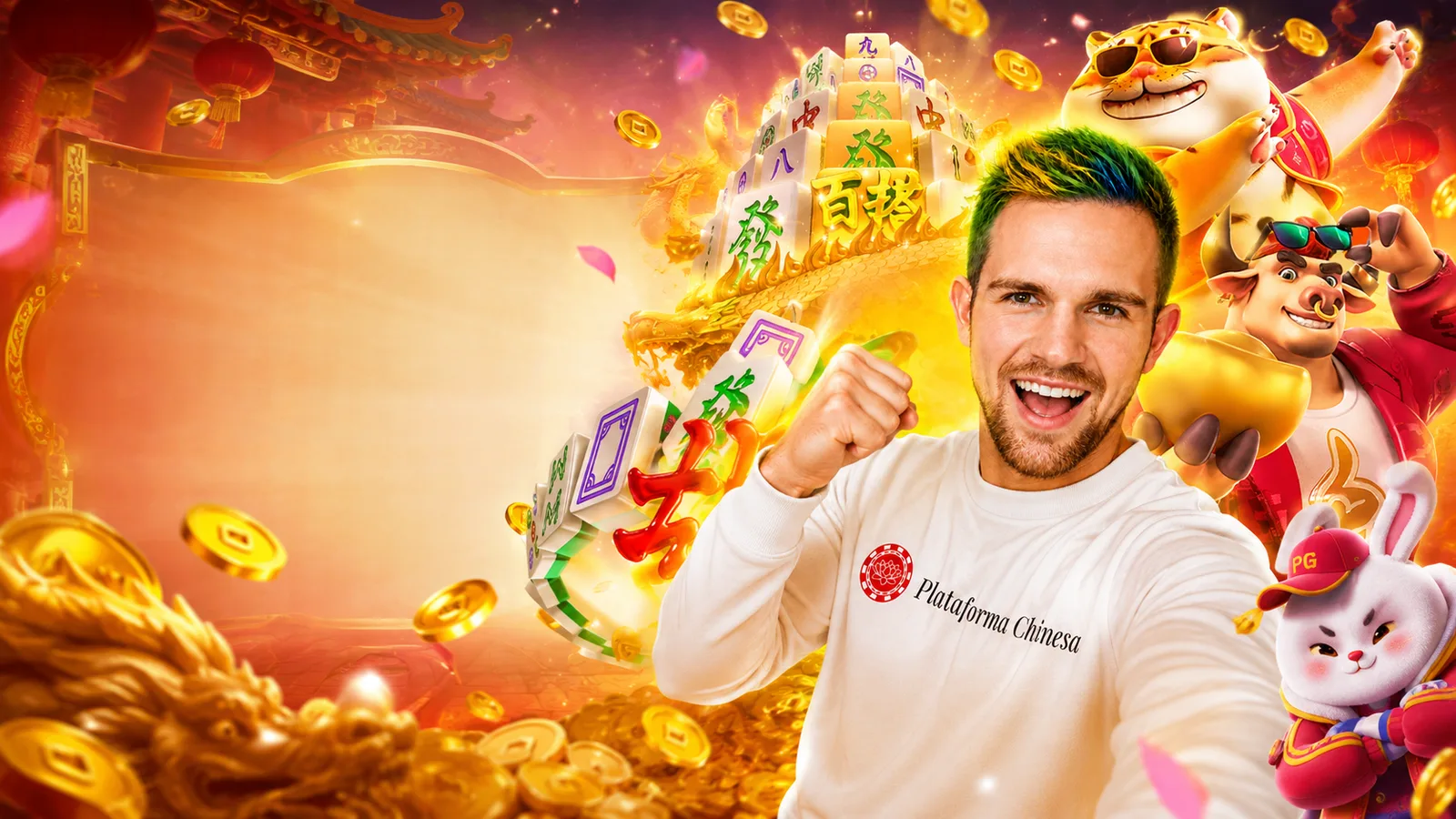 Slots chinesas: Tigrinho, Mahjong Ways e Fortune Ox Avatar da Plataforma Chinesa comemorando entre símbolos de slots chinesas, mahjong, tigre, boi da fortuna, coelho e moedas douradas.