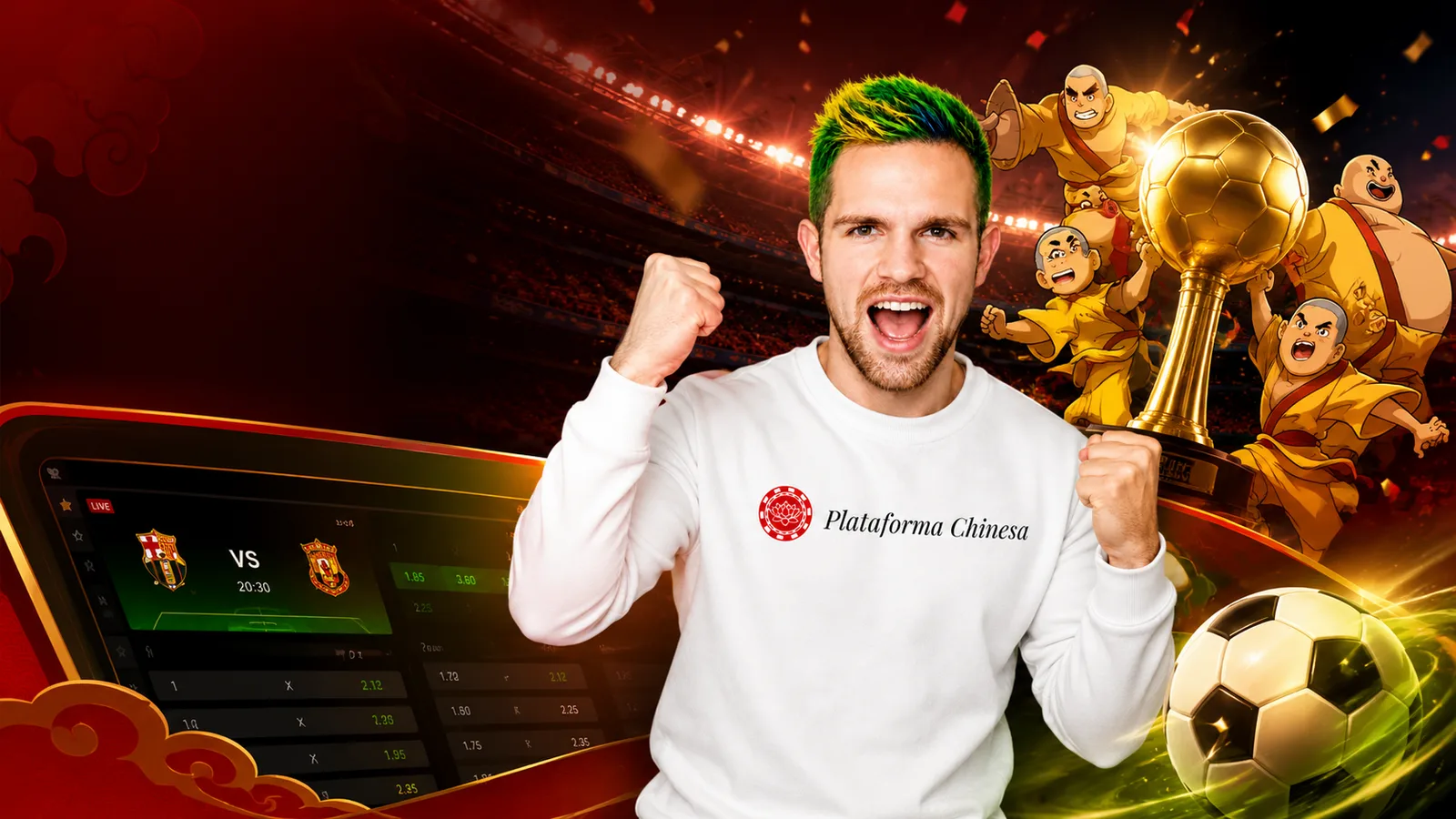 Top casa de aposta chinesa para futebol Avatar da Plataforma Chinesa comemorando em cenário de apostas esportivas com bola de futebol, troféu, odds ao vivo e personagens chineses celebrando.